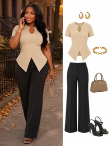 Poshavie Poshavie Plus Size Women's Elegant Relaxed Sophisticated T-Shirt, Cutout Neckline Design, Short Sleeve With Side Slits, Slimming And Flattering, Suitable For Daily Commute, Date, Afternoon Tea, Versatile Everyday Top - Khaki - View 1