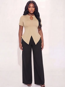 Poshavie Poshavie Plus Size Women's Elegant Relaxed Sophisticated T-Shirt, Cutout Neckline Design, Short Sleeve With Side Slits, Slimming And Flattering, Suitable For Daily Commute, Date, Afternoon Tea, Versatile Everyday Top - Khaki - View 5