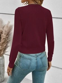 SHEIN Frenchy 女士纯色长袖单排扣开衫，酒红色休闲女式开衫，适合休闲办公女性，针织毛衣，秋季、冬季、圣诞节、新年、情人节皆宜 - 酒紅色 - 查看 2