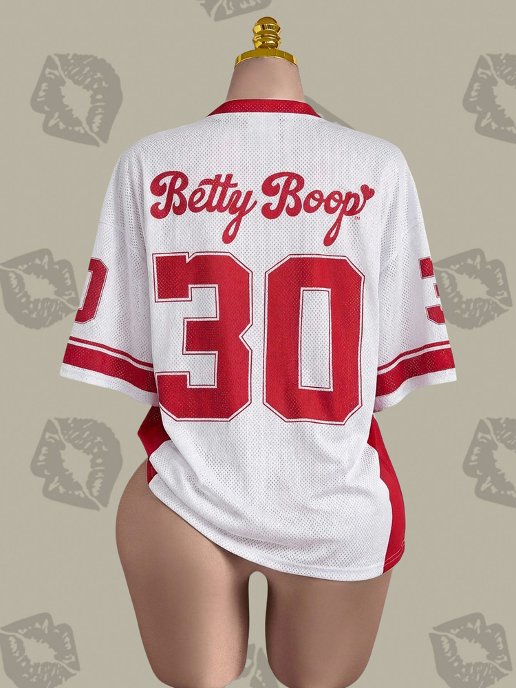 Betty Boop x SHEIN 大尺碼女款 V 領卡通字母印花休閒街頭風百搭日常短袖 T 恤 動漫球衣棒球風女款棒球衫 白紅配色 夏季日穿 - 白色 - 查看 2