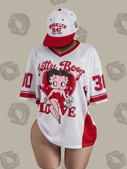 Betty Boop x SHEIN Plus Size Women V-Neck Cartoon Letter Print Casual Streetwear Versatile Daily Wear Short Sleeve T-Shirt Anime Jersey Baseball Game Baseball T-Shirt Women Baseball Jersey Day Time White And Red Summer