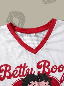 Betty Boop x SHEIN 大尺碼女款 V 領卡通字母印花休閒街頭風百搭日常短袖 T 恤 動漫球衣棒球風女款棒球衫 白紅配色 夏季日穿 - 白色 - 查看 3