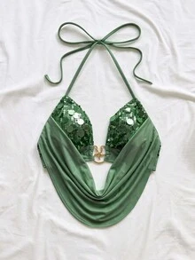 Soleia 女士亮片拼接露背系带性感百搭休闲上衣 - 薄荷綠 - 查看 5