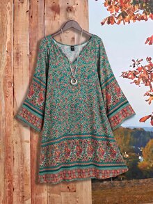 Rusticease Plus Size Patterned Midi Dress, Fall Women - Dark Green - View 6