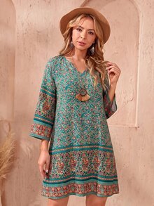 Rusticease Plus Size Patterned Midi Dress, Fall Women - Dark Green - View 3