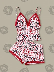 Betty Boop x SHEIN Women's X Lace Patchwork Cartoon Print Camisole And Shorts Pajama Set - Red and White - View 1