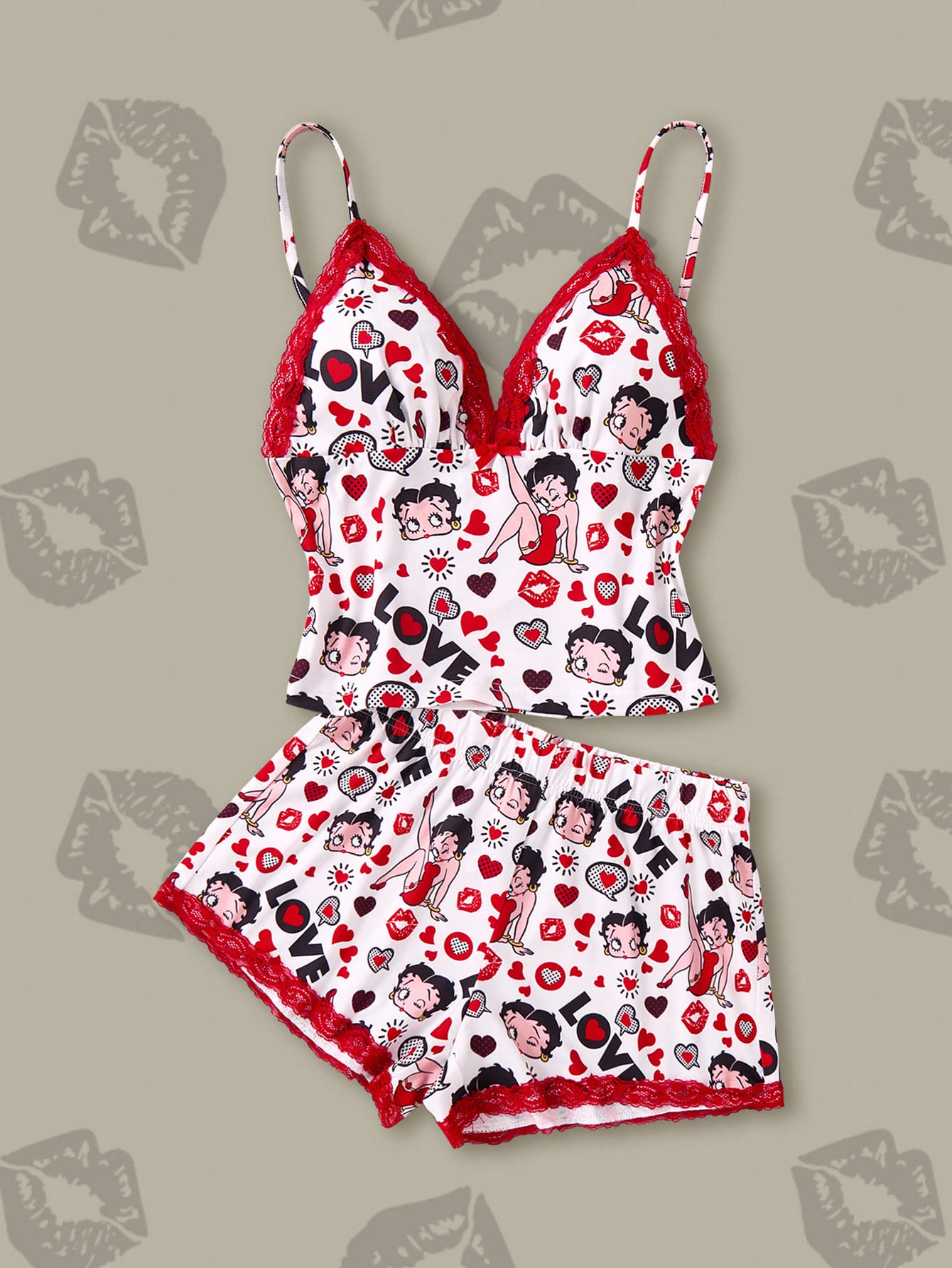 Betty Boop x SHEIN Women's X Lace Patchwork Cartoon Print Camisole And Shorts Pajama Set - Red and White - View 1