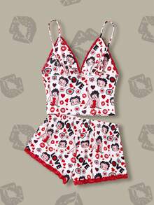 Betty Boop x SHEIN Women's X Lace Patchwork Cartoon Print Camisole And Shorts Pajama Set - Red and White - View 2