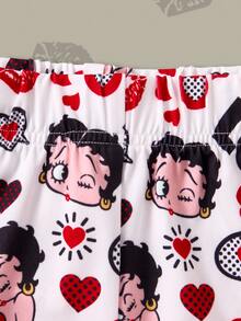 Betty Boop x SHEIN Women's X Lace Patchwork Cartoon Print Camisole And Shorts Pajama Set - Red and White - View 5