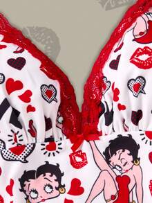 Betty Boop x SHEIN Women's X Lace Patchwork Cartoon Print Camisole And Shorts Pajama Set - Red and White - View 4