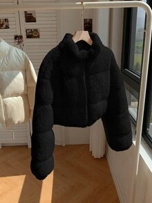 Comfortcana Women Solid Color Long Sleeve Casual Cropped Fluffy Jacket In Fall/Winter - Black - View 8