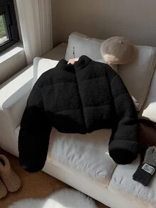 Comfortcana Women Solid Color Long Sleeve Casual Cropped Fluffy Jacket In Fall/Winter - Black - View 1