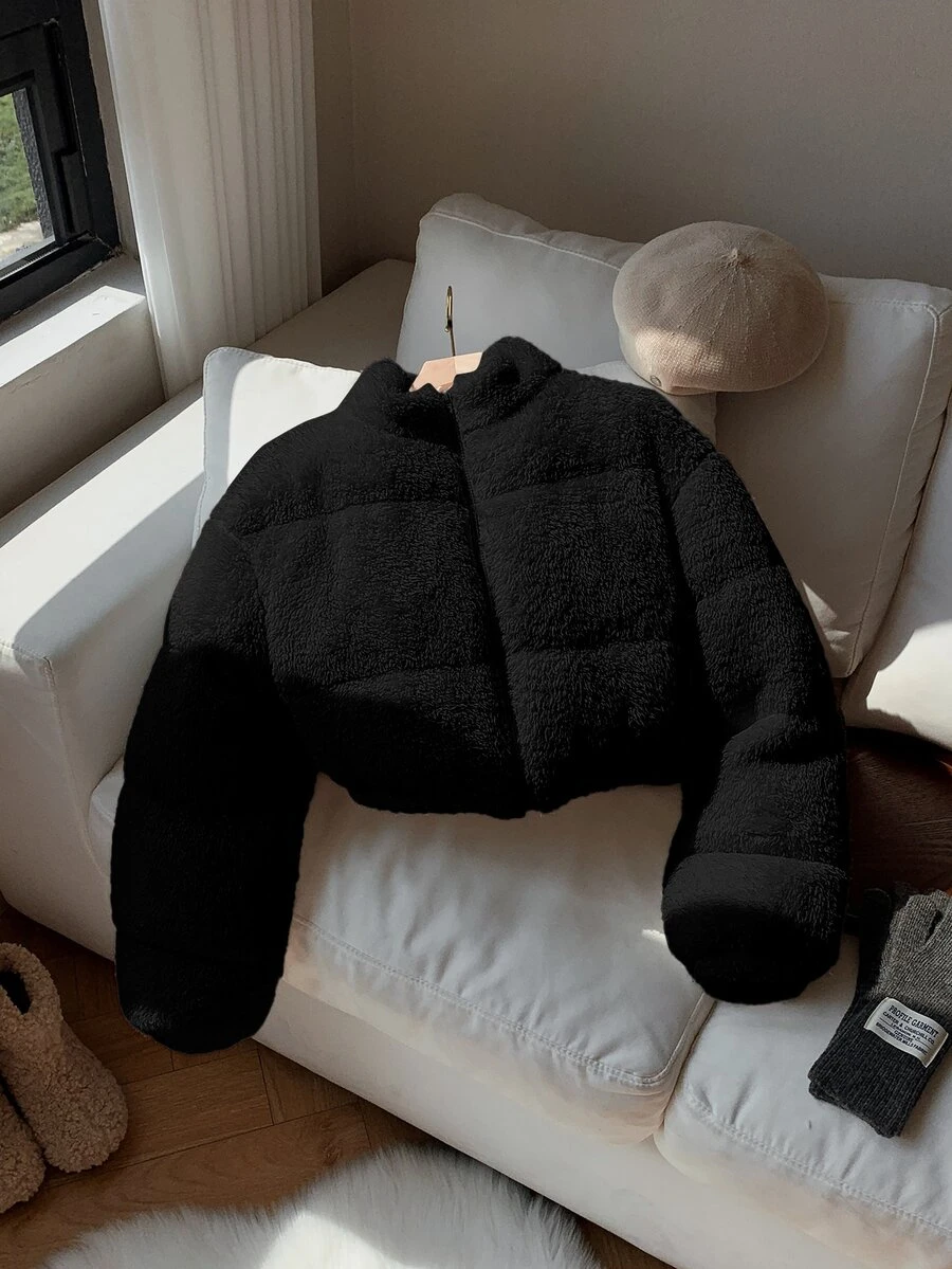 Comfortcana Women Solid Color Long Sleeve Casual Cropped Fluffy Jacket In Fall/Winter - Black - View 1