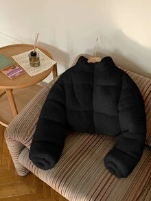 Comfortcana Women Solid Color Long Sleeve Casual Cropped Fluffy Jacket In Fall/Winter - Black - View 3