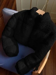 Comfortcana Women Solid Color Long Sleeve Casual Cropped Fluffy Jacket In Fall/Winter - Black - View 4