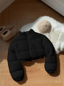 Comfortcana Women Solid Color Long Sleeve Casual Cropped Fluffy Jacket In Fall/Winter - Black - View 7