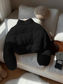 Comfortcana Women Solid Color Long Sleeve Casual Cropped Fluffy Jacket In Fall/Winter - Black - View 2
