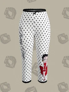 Betty Boop x SHEIN Women's Polka Dot Print Waist Bow Decor Leggings, - White - View 1