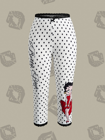 Betty Boop x SHEIN Women's Polka Dot Print Waist Bow Decor Leggings,