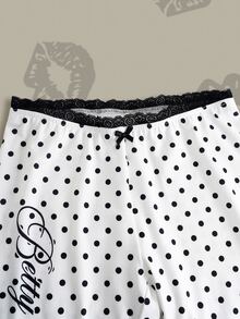 Betty Boop x SHEIN Women's Polka Dot Print Waist Bow Decor Leggings, - White - View 3