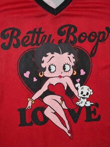 Betty Boop x SHEIN 大尺碼女款V領卡通字母印花休閒百搭日常短袖T恤 寬鬆版型針織布料 動漫風格紅黑配色女款棒球圖案印花T恤 夏季日穿款 - 紅色 - 查看 4