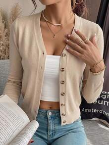 SHEIN Frenchy Women's Solid Color Single-Breasted Casual Long Sleeve Cardigan For Everyday Wear,Long Sleeve Tops,Knitted Sweater In Fall/Winter - Apricot - View 7