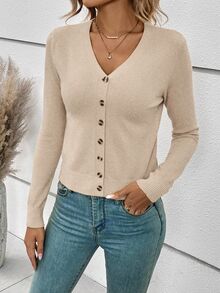 SHEIN Frenchy Women's Solid Color Single-Breasted Casual Long Sleeve Cardigan For Everyday Wear,Long Sleeve Tops,Knitted Sweater In Fall/Winter - Apricot - View 5