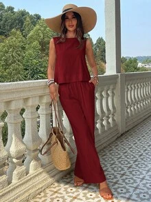 SHEIN VCAY 2 件套女士纯色梭织修身背心和高腰宽松直筒裤套装春季女士热带度假服装亚麻 - 紅木色 - 查看 6