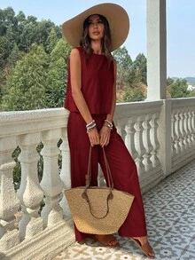 SHEIN VCAY 2 件套女士纯色梭织修身背心和高腰宽松直筒裤套装春季女士热带度假服装亚麻 - 紅木色 - 查看 5