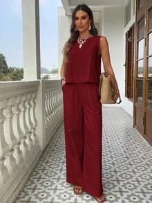 SHEIN VCAY 2 件套女士纯色梭织修身背心和高腰宽松直筒裤套装春季女士热带度假服装亚麻 - 紅木色 - 查看 8