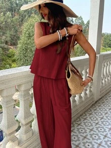 SHEIN VCAY 2 件套女士纯色梭织修身背心和高腰宽松直筒裤套装春季女士热带度假服装亚麻 - 紅木色 - 查看 3