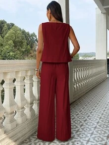 SHEIN VCAY 2 件套女士纯色梭织修身背心和高腰宽松直筒裤套装春季女士热带度假服装亚麻 - 紅木色 - 查看 2
