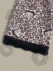 Betty Boop x SHEIN Women's Leopard Print Contrast Lace Long Sleeve Sleepwear Robe, - Brown - View 5