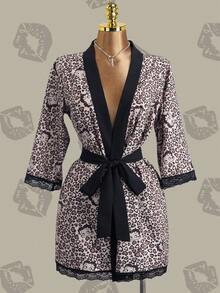 Betty Boop x SHEIN Women's Leopard Print Contrast Lace Long Sleeve Sleepwear Robe, - Brown - View 2
