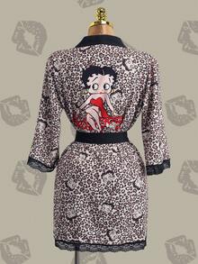 Betty Boop x SHEIN Women's Leopard Print Contrast Lace Long Sleeve Sleepwear Robe, - Brown - View 1
