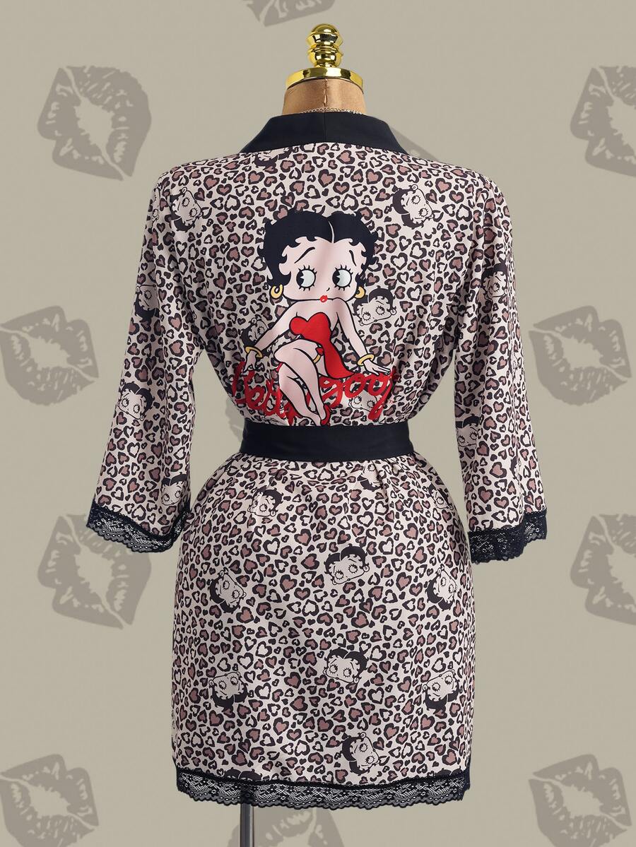 Betty Boop x SHEIN Women's Leopard Print Contrast Lace Long Sleeve Sleepwear Robe, - Brown - View 1