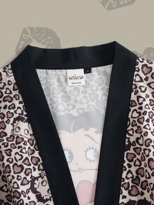 Betty Boop x SHEIN Women's Leopard Print Contrast Lace Long Sleeve Sleepwear Robe, - Brown - View 3
