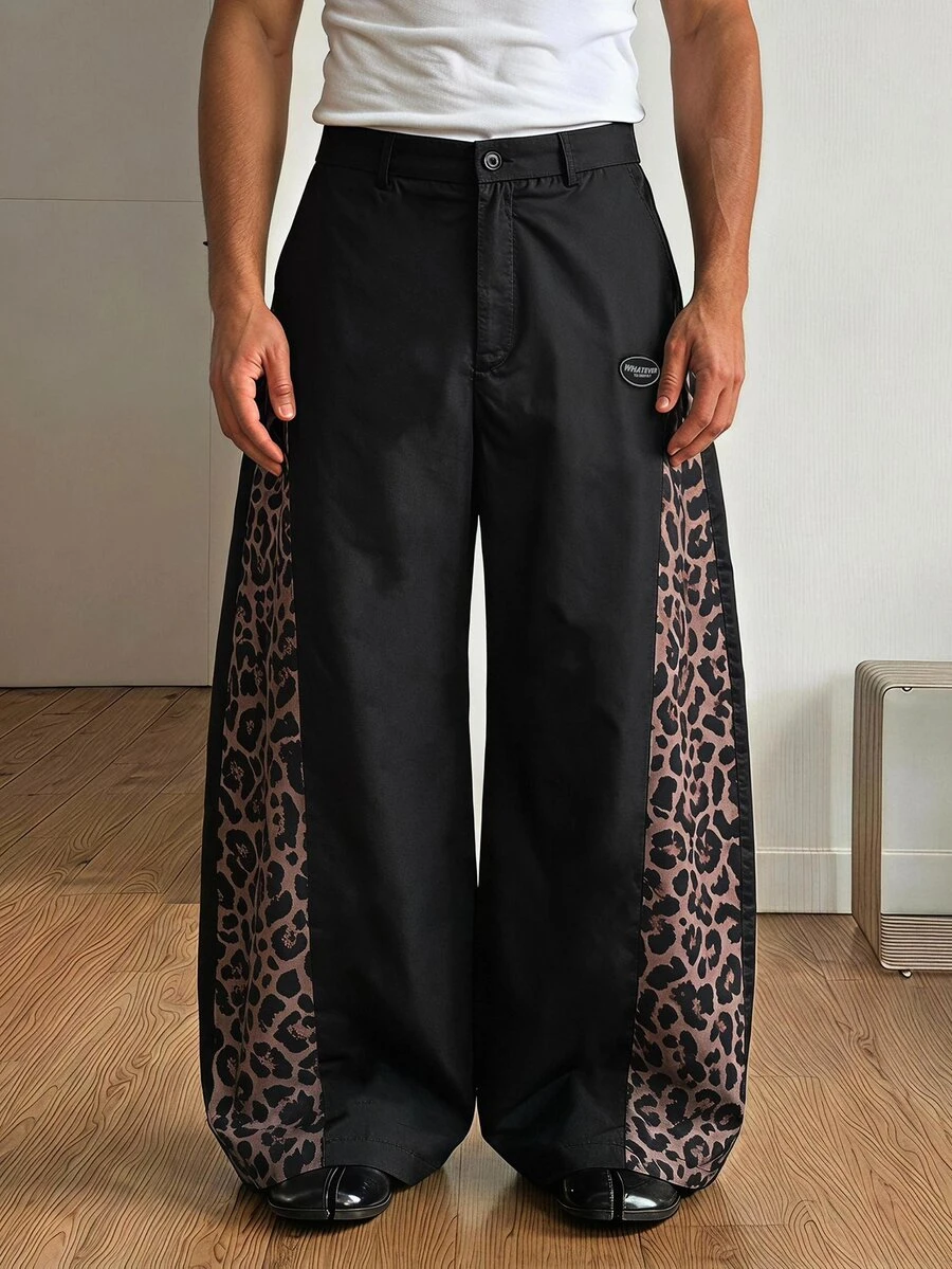 SWAVVY Pantalones de pierna ancha con cintura de cordón y estampado de leopardo patchwork para hombres - Multicolor - Ver 1