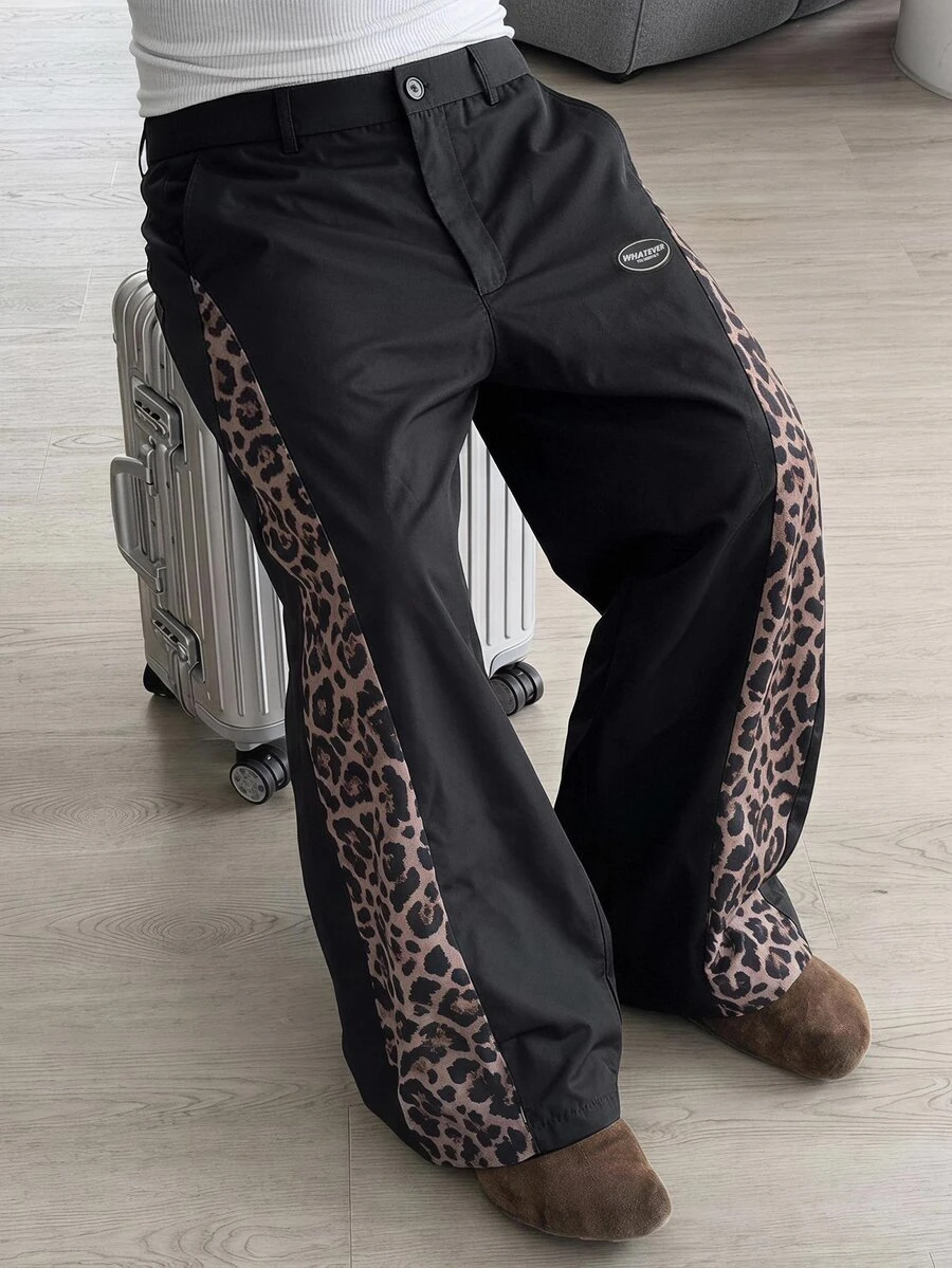 SWAVVY Men's Patchwork Leopard Print Drawstring Waist Wide Leg Pants - Multicolor - View 1