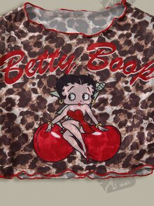 Betty Boop x SHEIN 女士夏季度假沙滩卡通图案吊带比基尼套装及罩衫 - 紅色 - 查看 6