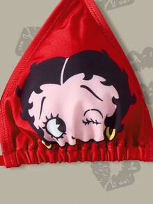 Betty Boop x SHEIN 女士夏季度假沙滩卡通图案吊带比基尼套装及罩衫 - 紅色 - 查看 3