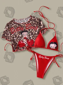 Betty Boop x SHEIN 女士夏季度假沙滩卡通图案吊带比基尼套装及罩衫 - 紅色 - 查看 1