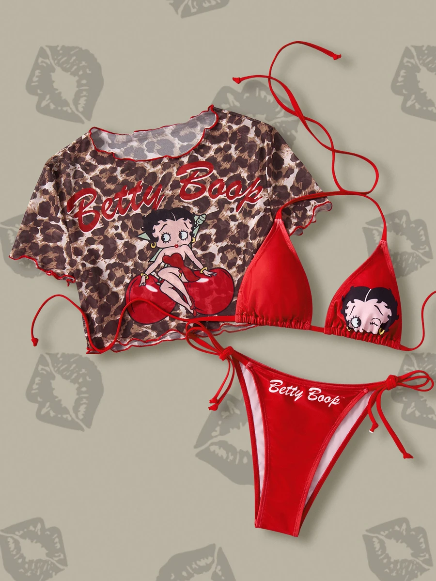 Betty Boop x SHEIN 女士夏季度假沙滩卡通图案吊带比基尼套装及罩衫 - 紅色 - 查看 1