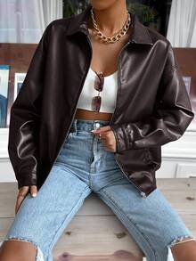 SHEIN EZwear 秋冬落肩拉链PU短款皮夹克 - 紫紅色 - 查看 6