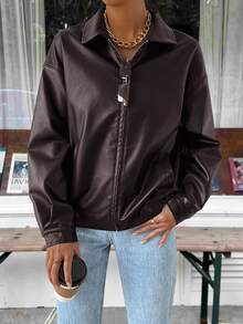 SHEIN EZwear 秋冬落肩拉链PU短款皮夹克 - 紫紅色 - 查看 3