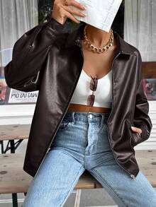SHEIN EZwear 秋冬落肩拉链PU短款皮夹克 - 紫紅色 - 查看 5
