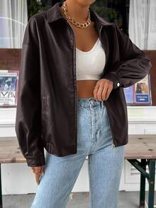 SHEIN EZwear 秋冬落肩拉链PU短款皮夹克 - 紫紅色 - 查看 4