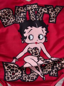 Betty Boop x SHEIN 女士夏季豹纹字母卡通图案抽绳褶皱侧挂式连体泳衣 - 紅色 - 查看 3