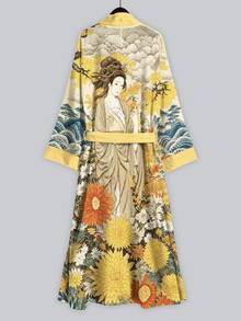 Irokai 復古浮世繪藝伎菊花雲霧印花和服外套，寬袖開襟綁腰浴袍，日式浴衣度假黃色 - 彩色 - 查看 4
