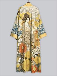 Irokai 復古浮世繪藝伎菊花雲霧印花和服外套，寬袖開襟綁腰浴袍，日式浴衣度假黃色 - 彩色 - 查看 5